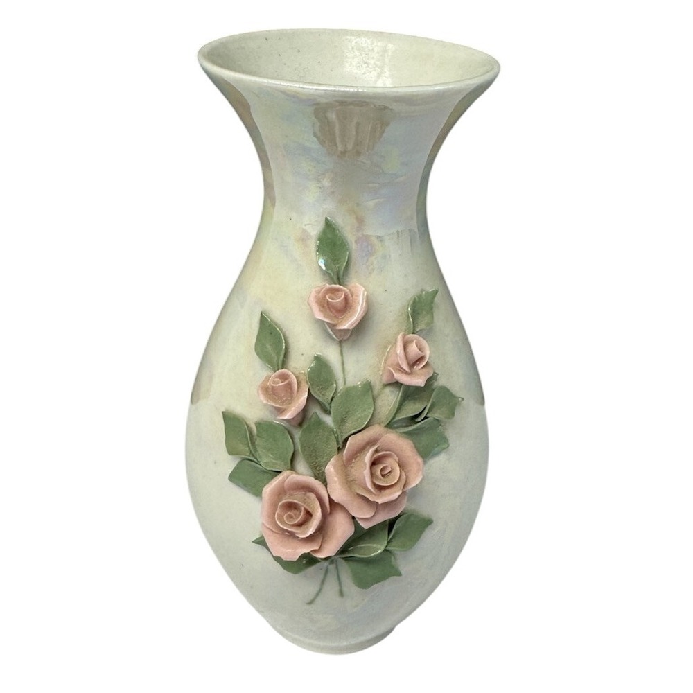 Vintage Floral Vase Iridescent Ceramic Roses Embossed Flower Bud Vase Decor